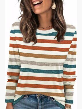 Striped Long Sleeve Crewneck T-Shirt Women's Color Block Ribbed Top